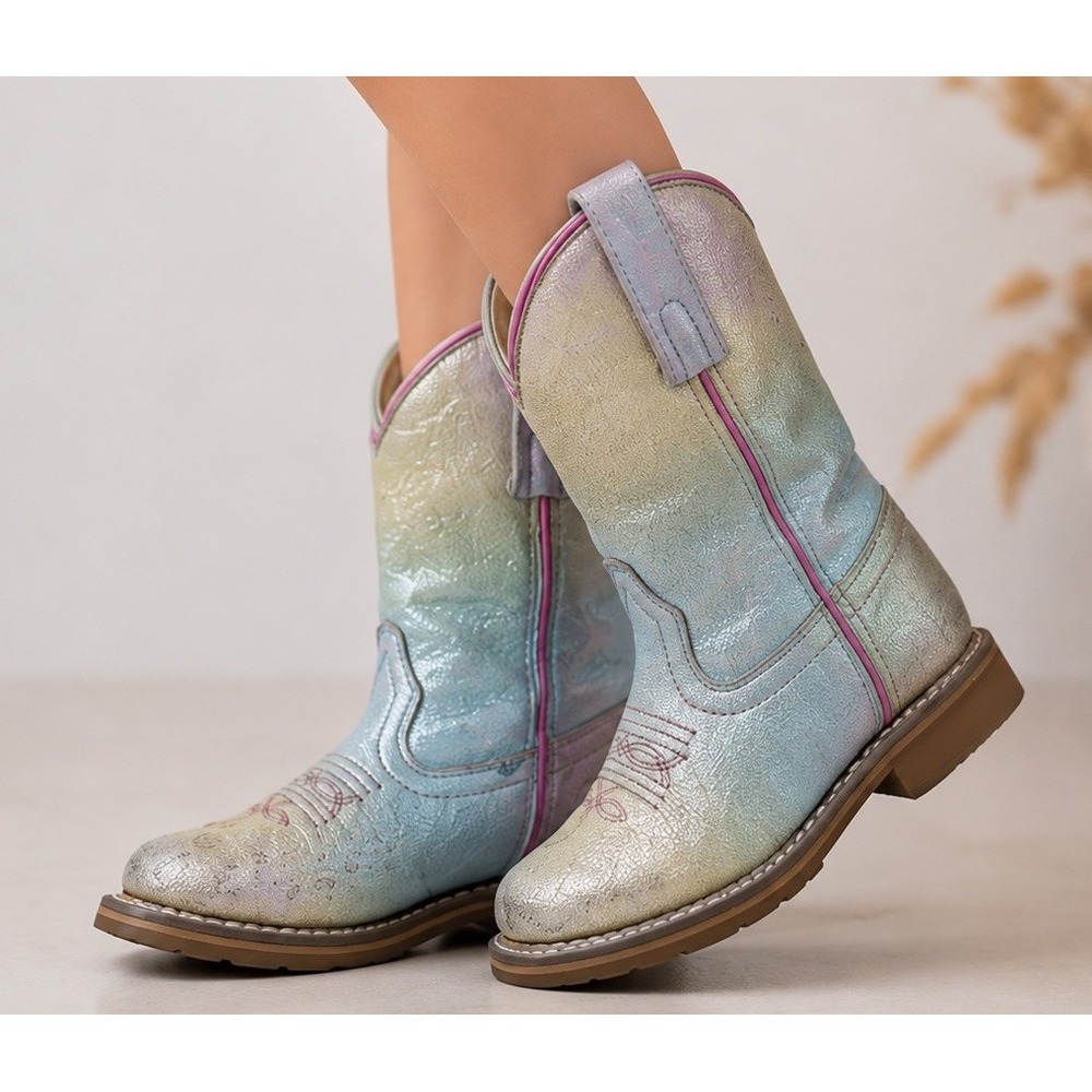Dan Post Little Girls Metallic Rainbow Ombre Leather Square Toe Roper Boots 9D